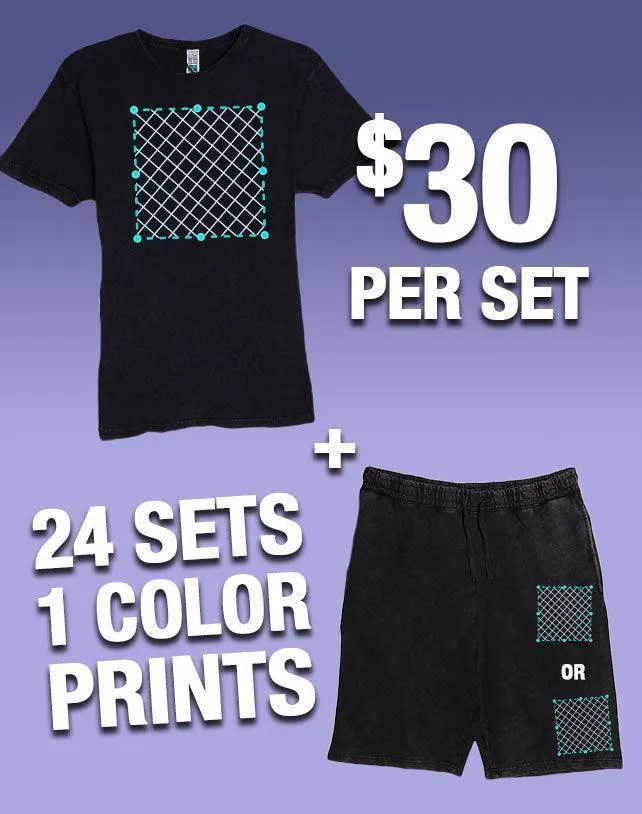 24 1-Color Print Vintage T-Shirt & Short Sets (Unisex)