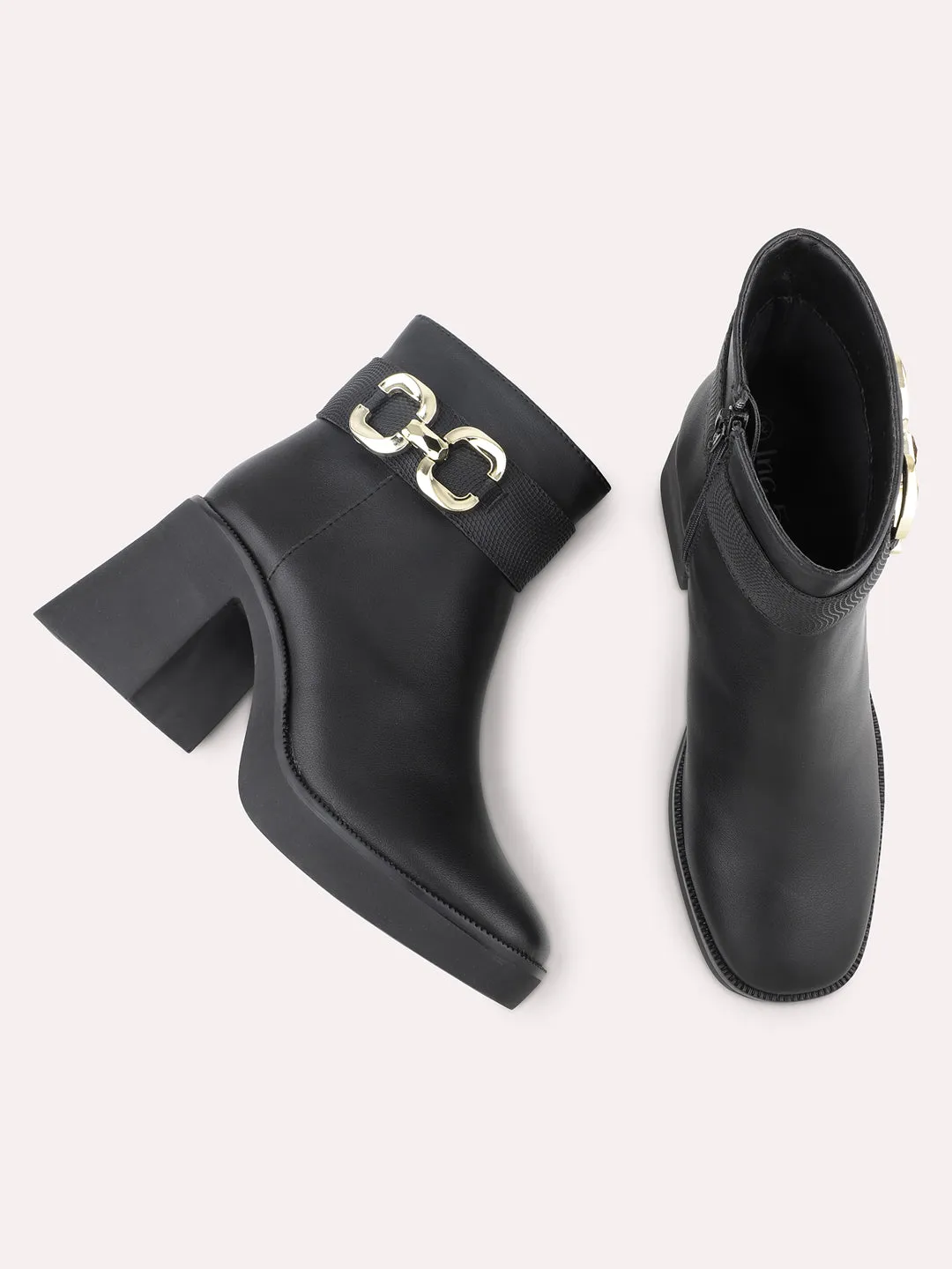 Women Black Block Heel Chunky Boots With Buckle Detail